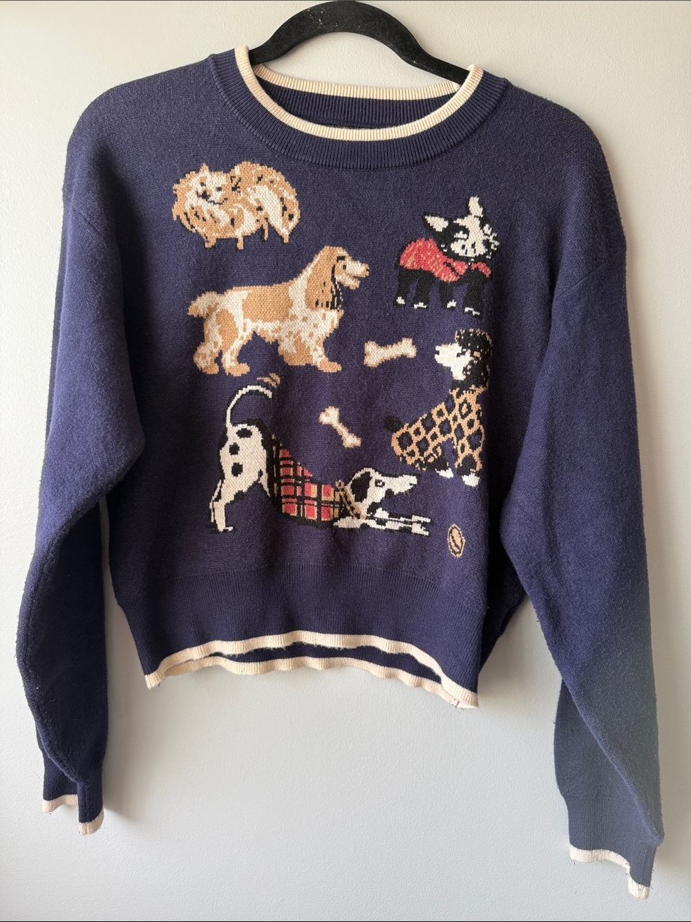 Cider Navy Crewneck Sweater with Dog Motif and Cream Trim small poodle